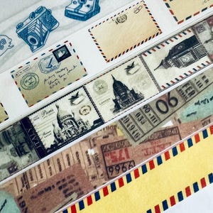 Vintage, air mail, travel, postcards, camera, iconic buildings , stamps, collage, correspondence, letters, travel, washi tape, SAMPLES