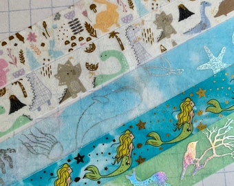 Silver foil, dinosaurs, fox, deer, forest, animals, sea, creatures, crabs, camping, mermaid, bunnies, washi tape sample