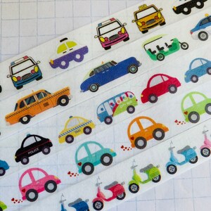 Scooter, Vespa, VW bug, police, car, van, bus, taxi, washi tape samples