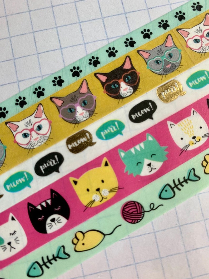 cat paws gold foil Cats pink glitter washi tape samples mouse