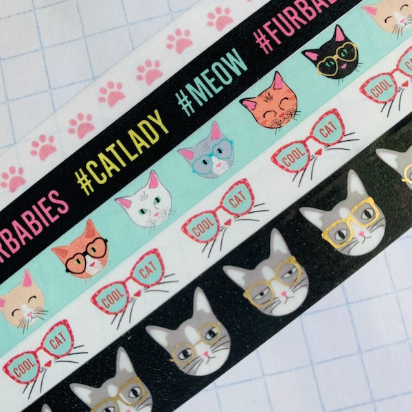 Cats, Kittens, furbabies, glasses, gold foil, paw prints, words, skinny, washi tape SAMPLES