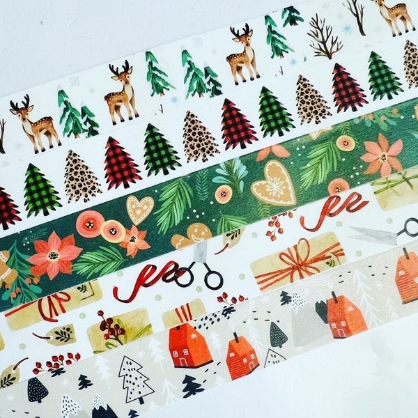 Christmas, Reindeer, deer, pine trees, foliage, snow, packages, ribbon, presents, poinsettias, cottage, winter, washi tape, SAMPLES