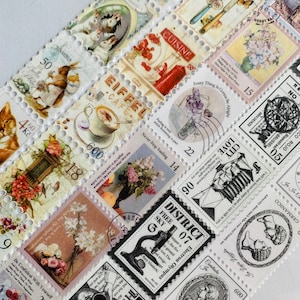 May include: A collection of vintage-style stamps featuring various designs, including a deer, a microscope, a coffee cup, a flower arrangement, and a building. The stamps are printed on white paper with a scalloped edge and have a black and white color scheme.