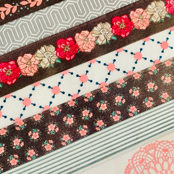 Gray, pink, ditsy, floral, vines, lattice, lace, zig zag, and thin stripes, washi tape, SAMPLES