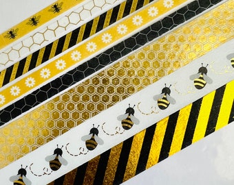 Bees, bee, honeycomb, black and gold, skinny tape, gold foil, washi tape,  samples