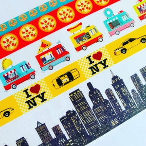 Nueva York, gran ciudad, rascacielos, horizonte urbano, camiones de comida, pretzels, pizza, taxi, cinta washi, MUESTRAS