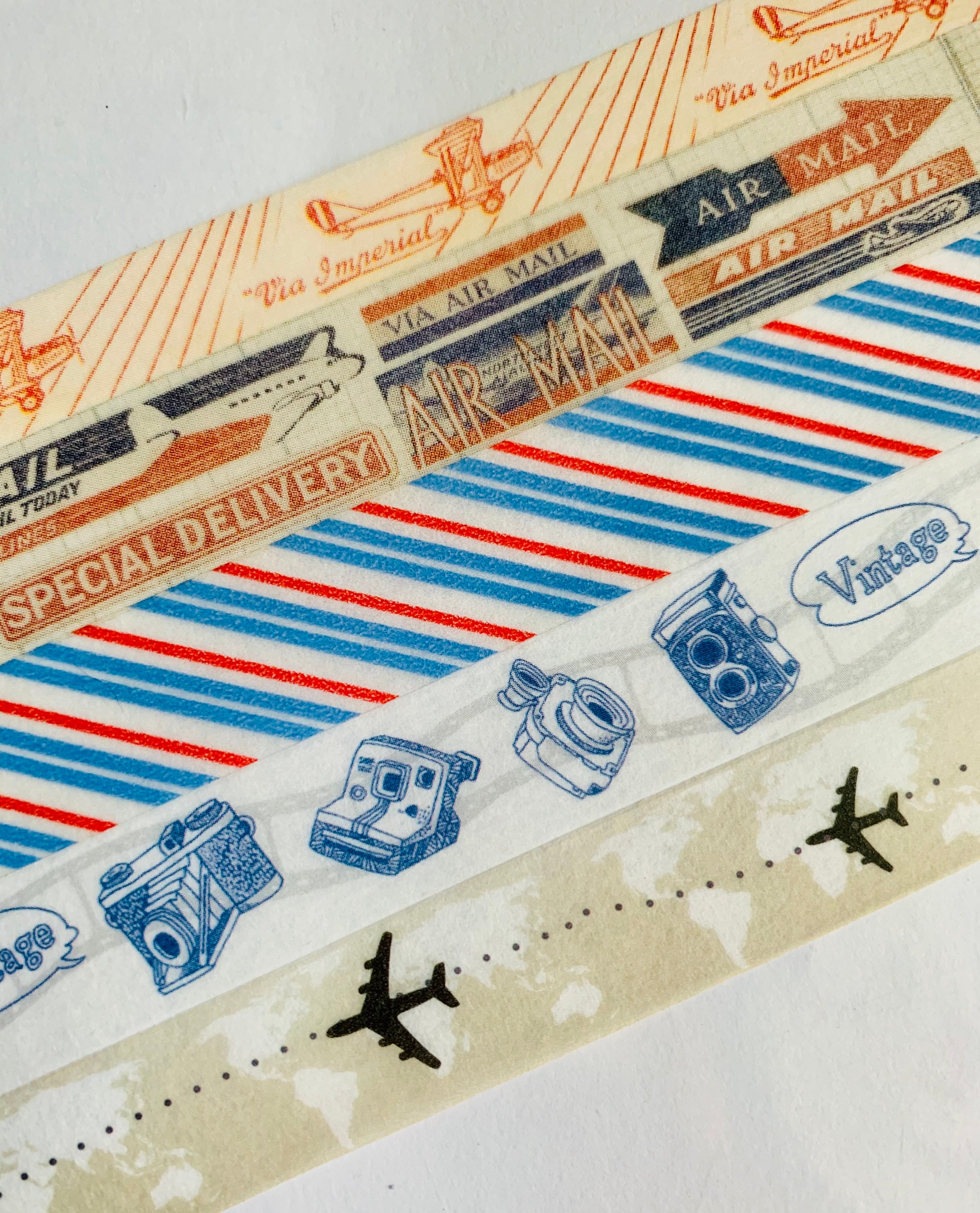 Vintage, air mail, travel, mail labels, stripes, camera, airplane, st…