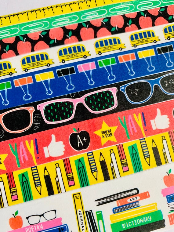 School, supplies, ruler, paperclips, apple, bus, sunglasses, gold star, pens, pencils, books, washi tape, SAMPLES