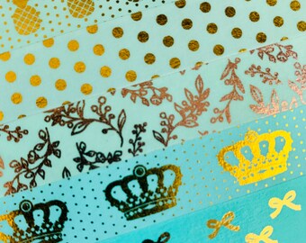 Turquoise and gold, dots, pineapples, bows, crown, Queen, vines, gold foil, washi tape, Samples