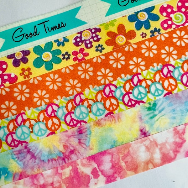 Flower power, 60’s, hippie, 70’s, Peace, Love, rock n roll, Groovy, bright, happy, tye dye, daisies, good times, washi tape, SAMPLES