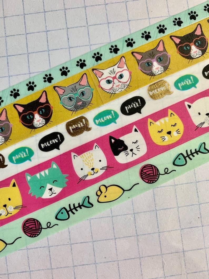 cat paws gold foil Cats pink glitter washi tape samples mouse