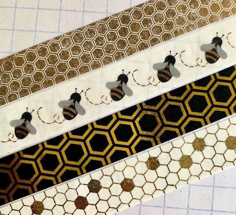 Bees, honeycomb, black and gold, gold foil, washi tape samples