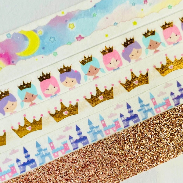 Fairytale, princess, crown, crowns, castle, pink glitter, magical, sky, stars, moon, baby, shower, girly, birthday, washi tape SAMPLES