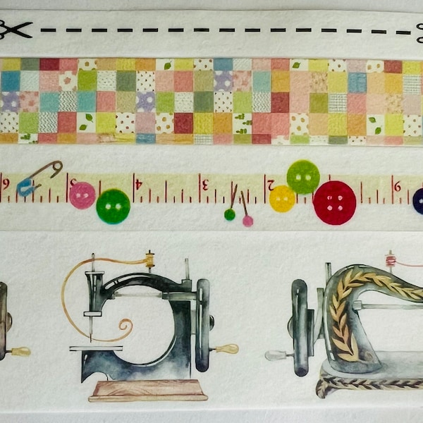 Sewing, vintage, machine, stitches, cut along lines, tape measure, pins, quilt, buttons, washi tape, SAMPLES