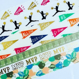 Megaphone, cheers, cheerleaders, team, field, banners, all star, MVP, football, helmets, Friday nights, gold foil, washi tape, SAMPLES