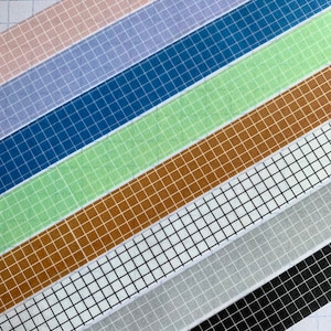 Grid, black, white, gray, pink, blue, green, purple, brown, washi tape samples