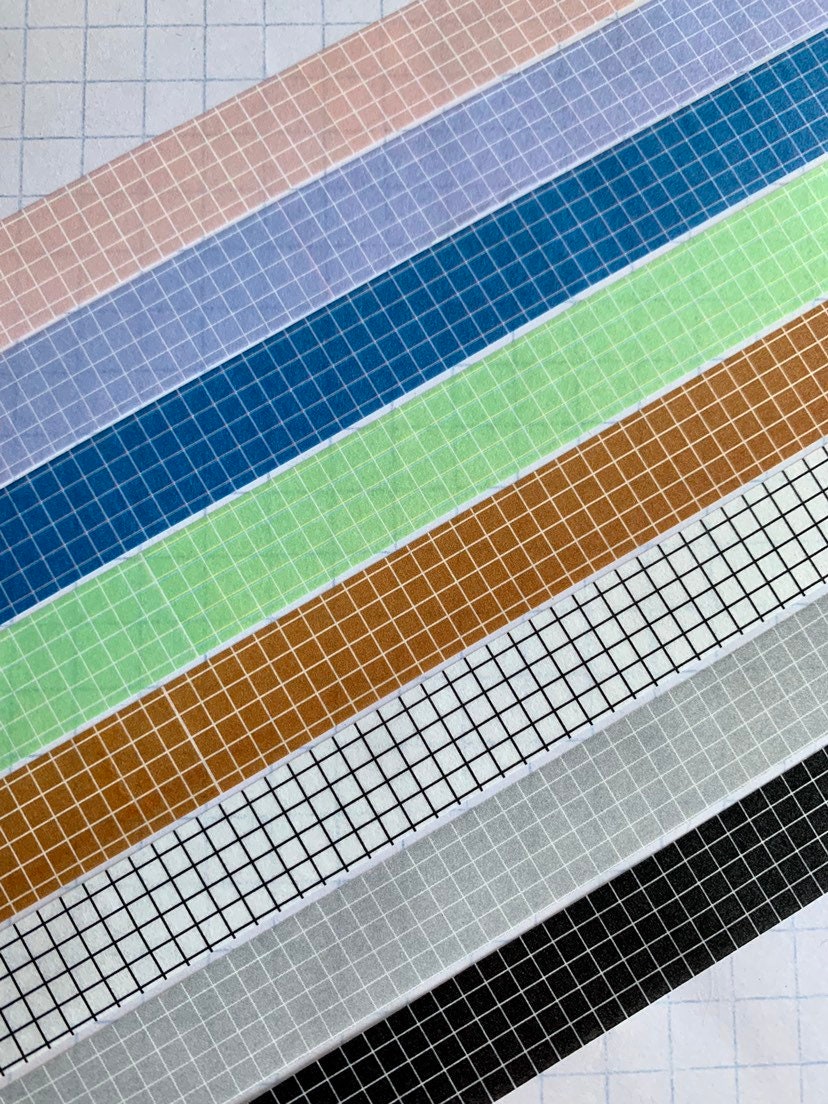 Grid, black, white, gray, pink, blue, green, purple, brown, washi tap…