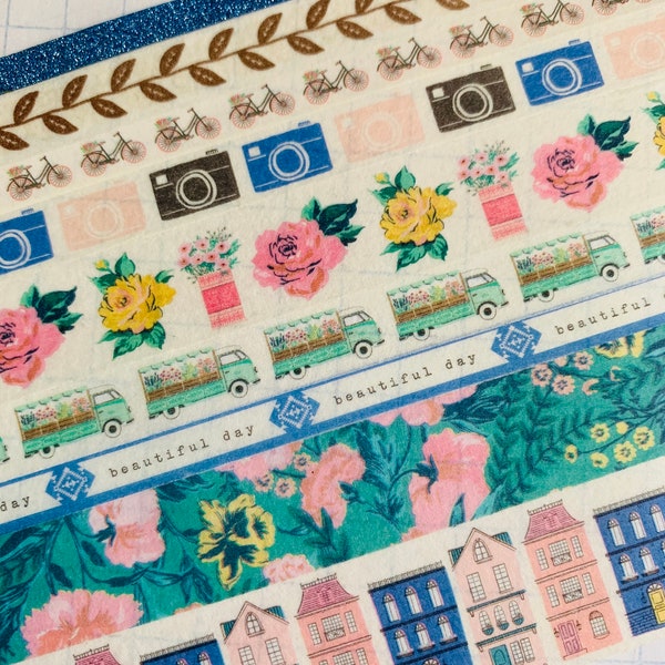 Flourish, blue glitter, bikes, vines, camera, vintage roses, floral, delivery truck, romantic, beautiful day, houses, washi tape SAMPLES