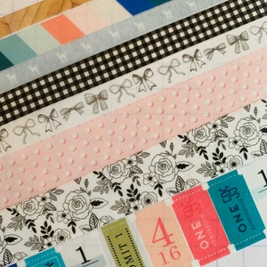 Crate Paper, Maggie Holmes, Open Book, striped, tickets, checks, floral, bows, wood grain, washi tape SAMPLES