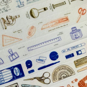May include: A set of washi tapes featuring illustrations of school supplies, including a microscope, a graduated flask, a ruler, a protractor, scissors, a pencil, a pen, a stapler, a paperclip, a tape dispenser, and a bottle of ink. The tapes also include the text "best wishes for U", "good luck", "good good study day day up", "happy everyday", "tomorrow", "with", and "washi tape".