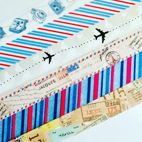 Vintage, air mail, travel, mail labels, diagonal stripes, camera, airplane, stamps, airplanes, luggage, washi tape, SAMPLES