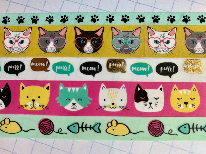 cat paws gold foil Cats pink glitter washi tape samples mouse