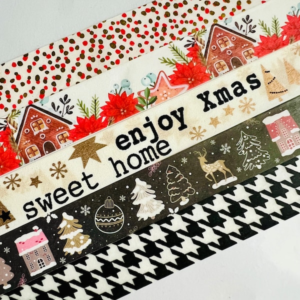 Noel, Christmas, trees, gingerbread house, ornaments, deer, gold foil, houndstooth, dots, Sweet home, washi tape, SAMPLES