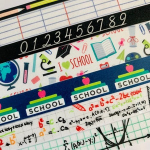 May include: A close-up of decorative washi tape rolls with school-themed designs. The rolls feature patterns of pencils, numbers, school supplies, and mathematical equations. The color palette includes blue, white, and red.