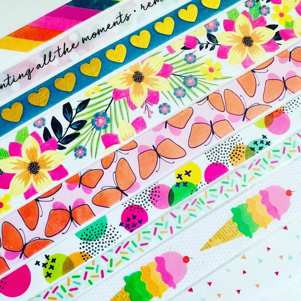 Bright, summer, happy, floral, stripes, dots, butterflies, hearts, confetti, ice cream, cone, words, washi tape, SAMPLES