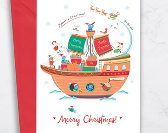 Cute Santa Ship Illustrated Christmas Card