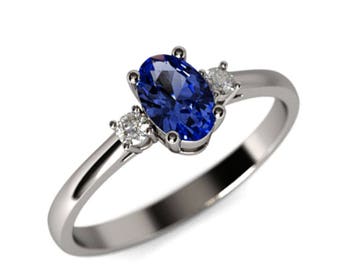 Sapphire Engagement Ring, Sapphire and Diamonds Engagement Ring, Oval Engagement Ring, 14K White Gold Ring