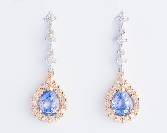 Sapphire Earrings, Blue Sapphire, Sapphire and diamonds Earrings, Earrings, 14K white gold, 14K Gold,