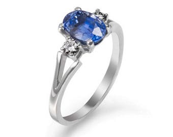 Sapphire Engagement Ring, Sapphire and Diamonds Engagement Ring, Brillant Engagement Ring, 18K White Gold Ring