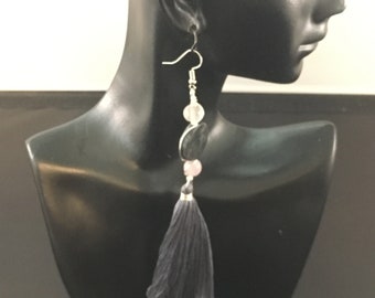 Radiant Grey Tassel Earrings, Picasso Jasper Bead Displayed between Small Round Quartz beads