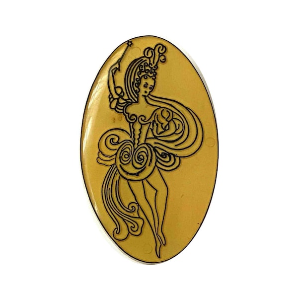 Broche danseuse de style oriental ou flamenco, dessin noir sur fond jaune, cabochon de résine ovale de 60 mm, bijouterie vintage fantaisie