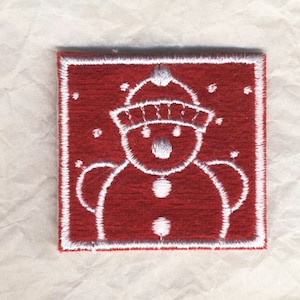 Bonhomme de neige, patch quadrilatéral rouge et blanc, écusson 4/4 cm, application à coudre ou coller pour vêtement, ou carterie de Noël