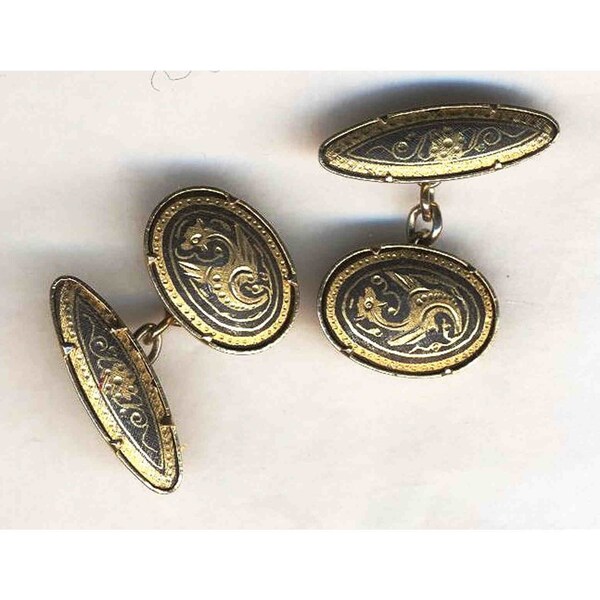 RESERVE Damascus dragon cufflinks, gold plated, Toledo crafts, vintage, gift for men or women