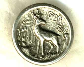 Old deer button, signed, silver shade metal, diameter 27 mm, collection, wild animals, hunting, hunting, French vintage