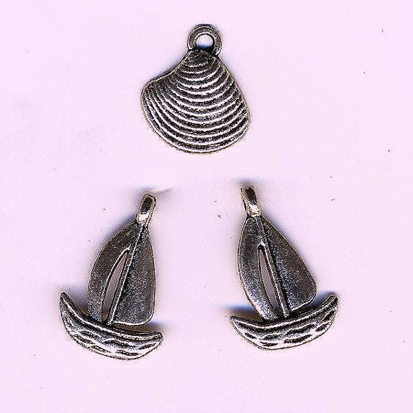 Breloques coquillage et bateaux, set de 3 charms argentés, thème marin, éléments pour bijouterie, bracelets, colliers, boucles d'oreilles