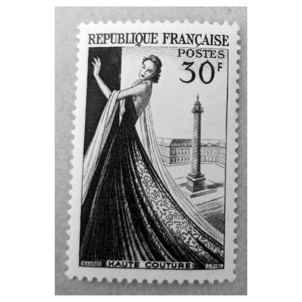 Haute-Couture postal stamp, 50s fashion, art, size 25/40 mm, for philatelic collection, collage, scrapbooking, French vintage