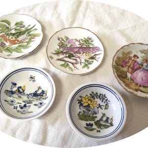 Può includere: Una collezione di piccoli piatti decorativi in porcellana. I piatti presentano vari disegni, tra cui uccelli, motivi floreali e una scena di una coppia in abiti d'epoca. I bordi sono rifiniti con oro o blu. I piatti sono disposti su una superficie bianca.