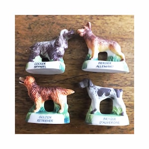 Four 3D dog breed beans, glazed ceramic, 20/25 millimeters, for king cake and pet collection, vintage