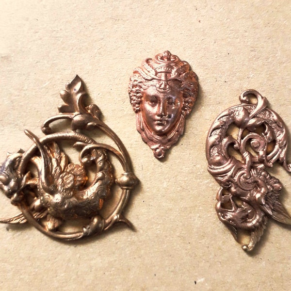 Ornements anciens en cuivre rouge, filigranes de dragons et visage, embellissement pour carterie, scrapbooking, ébènisterie ou bijouterie