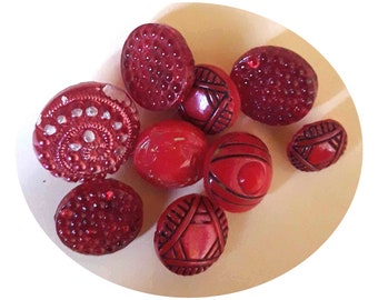 Anciens boutons rouges, lot de 9 pièces en verre gravé, de 7 à 15 mm, embellissement couture, collection années 40, rares