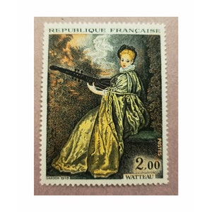 Large Watteau painting stamp, young girl with mandolin, 5 cm, music, arts, philately, scrapbooking, old stamp collection