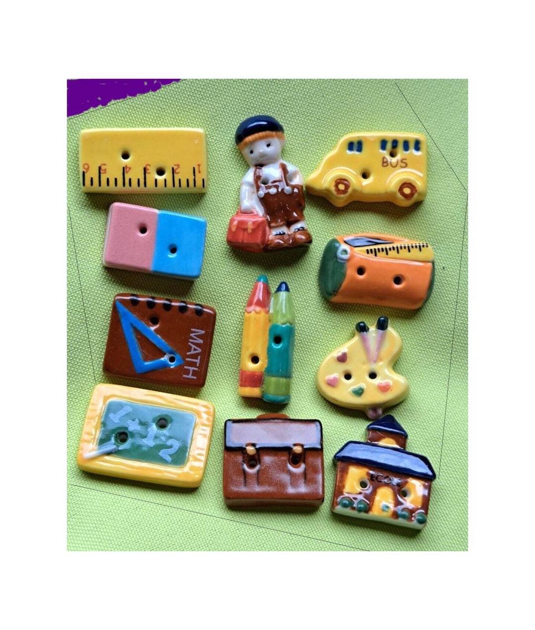 School Buttons and His World, School, Schoolbag, Bus Etc...11 Ceramic