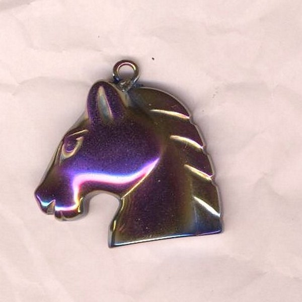 Cheval de feu, pendentif en hématite noire irisée en violet, pierre de gemme pour création de bijoux