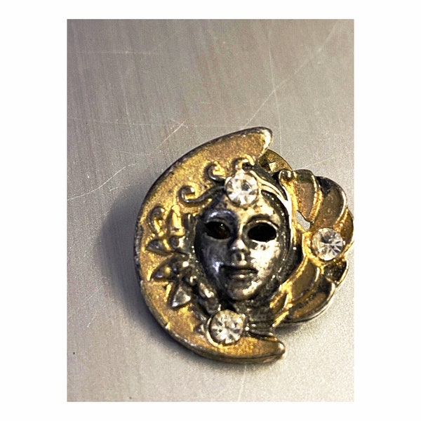 Petite broche masque de Venise, bronze, argent et strass, fermeture pin's, bijouterie fantaisie vintage, pièce unique