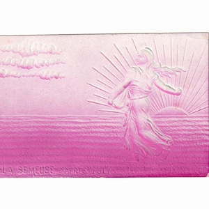 Carte ancienne La Semeuse, gaufrée et couleur rose, dos vierge,  France coloniale, fin 19 ème siècle, de collection, rare