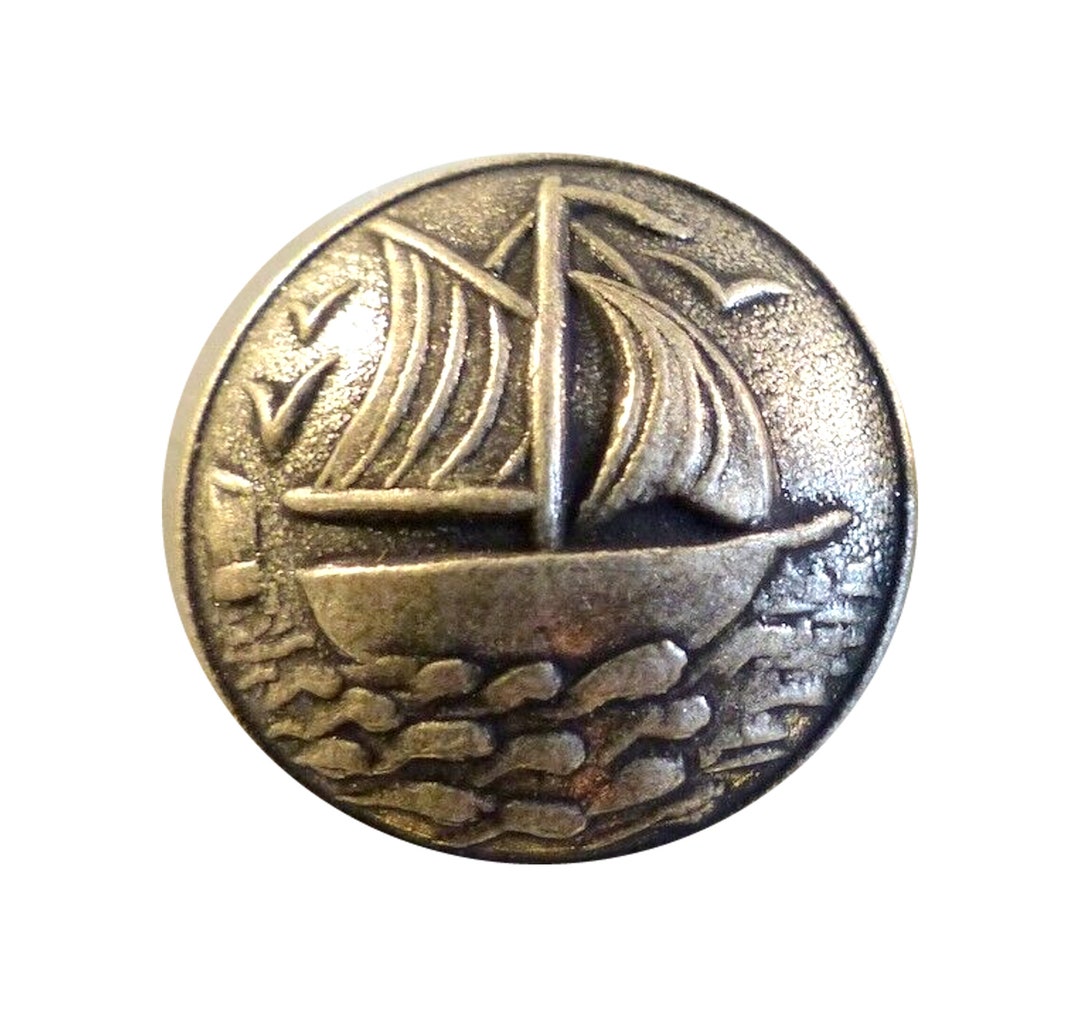 Ship Button Antique Button With Sailboat and Seagulls, Steel Gray Metal, Half ...